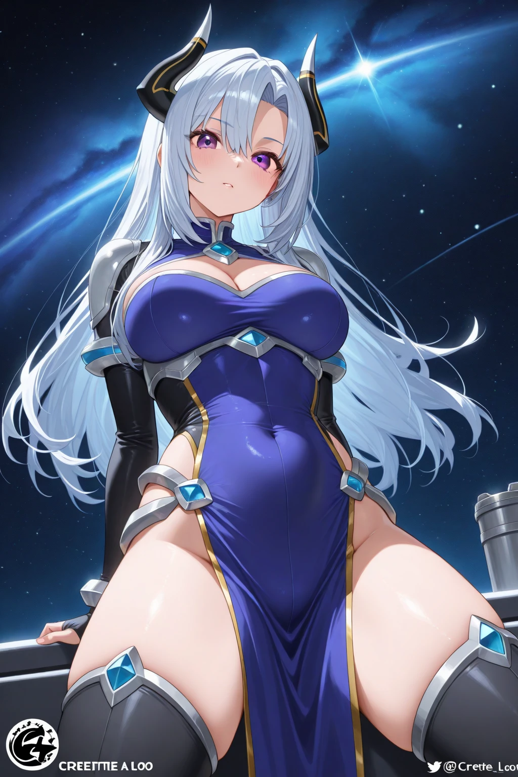 1 girl、Silver Hair、ponytail、Fantasy、witch、Blue clothes、Purple decoration、accessories、Villain、(Magical Items)、Bigger breasts、Goddess-like、