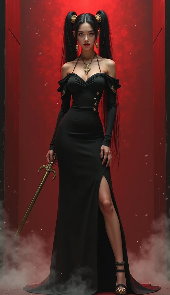 Woman in black dress holding sword and knife, mystical art