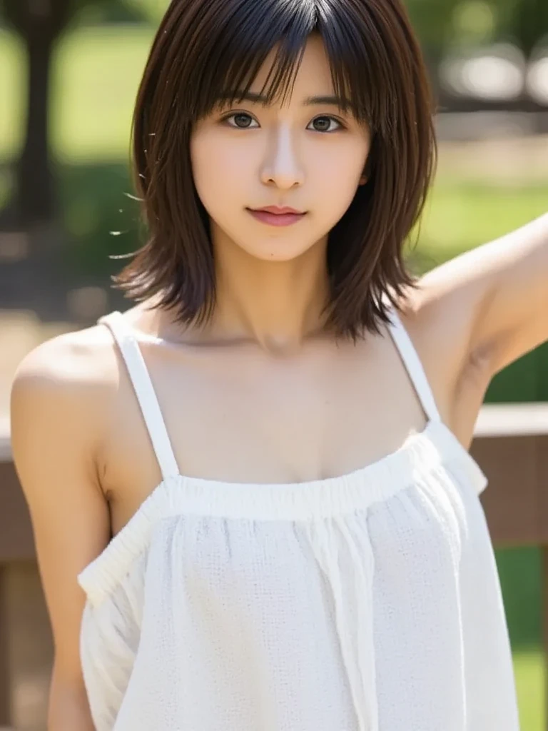 a smile、Japan woman in white dress posing for photo, campus