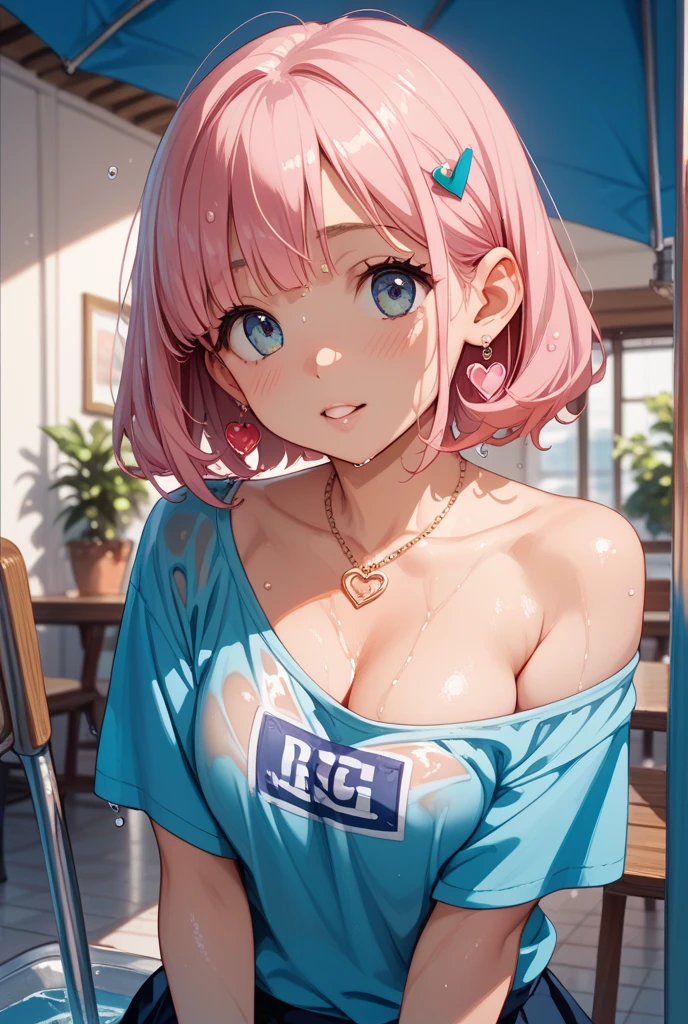 um close up de uma pessoa com uma camisa em um quarto, visual anime de uma jovem mulher, camiseta molhada e apertada no peito, revelando roupas, a hand on the left breast, Oppai