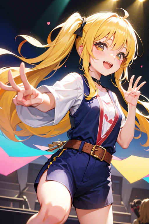 (masterpiece, highest quality:1.2), Blonde girl with red eyes,
 Side Ponytail, Full Bang, cheerleader,thumbs up
,Looks confused, on stage, Super detaileded, highest quality, Expressive eyes, Perfect Face, super high quality, Super detailed