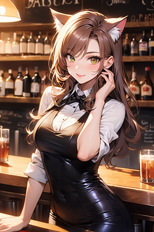 (masterpiece), 1girl, solo, adult female, perfect adult female body, (sexy and seductive pose:1.3) BREAK bar interior at night, countertop, plants on shelf BREAK EPsmSailorMercury, long wavy hair, brown hair, green eyes, smiling mouth closed BREAK black waist coat, black bow BREAK Black business pants