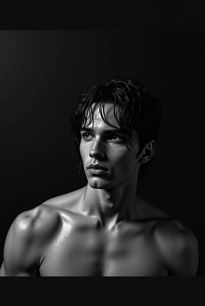 Make an 18 year old MAN very dark with long curly dark brown hair, thin muscular build, shirtless, pantsless and underwearless 