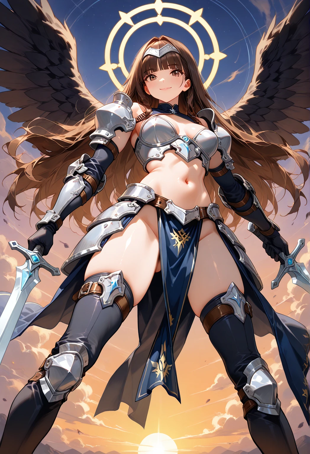 fantasy, 1angel_girl,child, loli,brown_hair, medium_bob_hair, long_bangs, halo,bare_shoulder,thighhighs,silver_armor, waist_armor, large_breasts,angry,grinning,open_mouth_teeth, 1pair_wings, dynamic_pose_fighting,floating, bare_crotch, headgear,gauntlet, greaves,city_sky_background,slightly_spread_legs, solo, groin_naked,dark_skin,