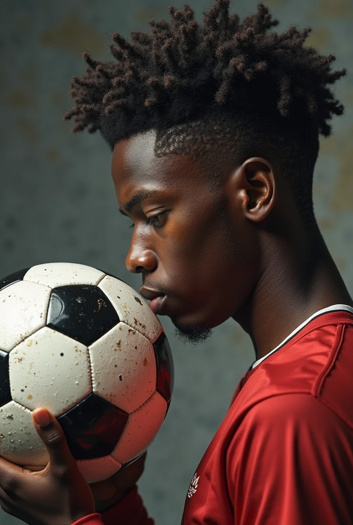 An adidas soccer ball with black predator cleats next to the ball, with a soccer pitch background with a muscular black teenager facing down while sitting