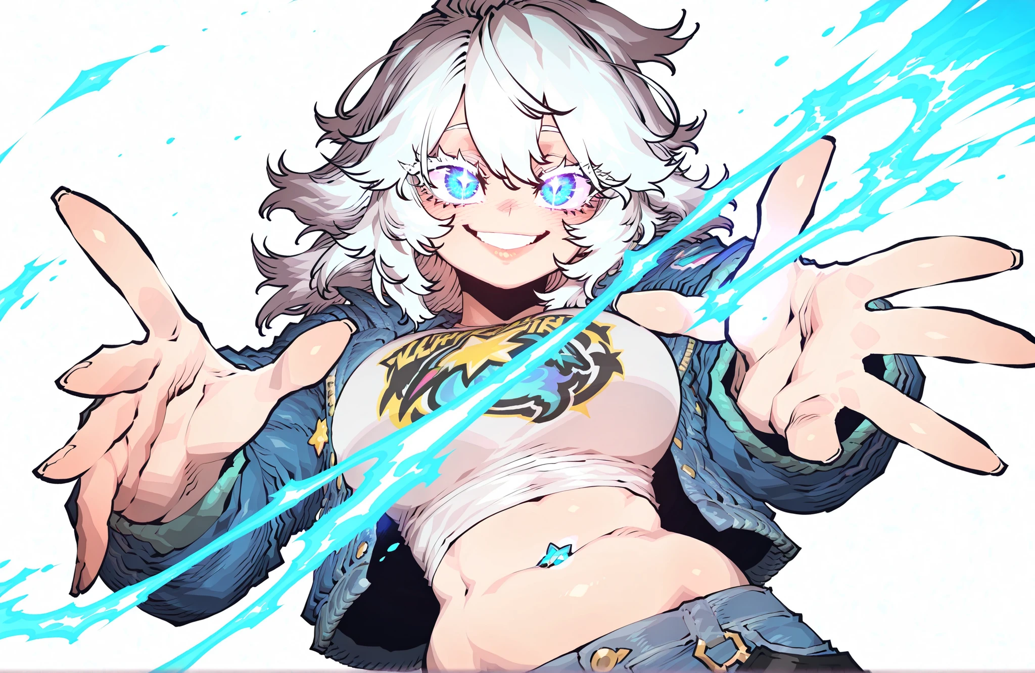 expressive eyes, expressive (bright blue) eyes, detailed eyes, anime eyes, douyin eyes, high detail eyes, multicolored iris, detailed iris, long eyelashes,big white eyelashes, full lashes, glowing eyes,Lightrider in Casual Style from fortnite,curvy body,white messy hair,simple flat red background,large breasts,pink soft lips,naughty smiling expression,standing with top view open right hand stretched out to viewer,ssambatea artstyle,blue jeans jacket,no more person,belly button in and cute