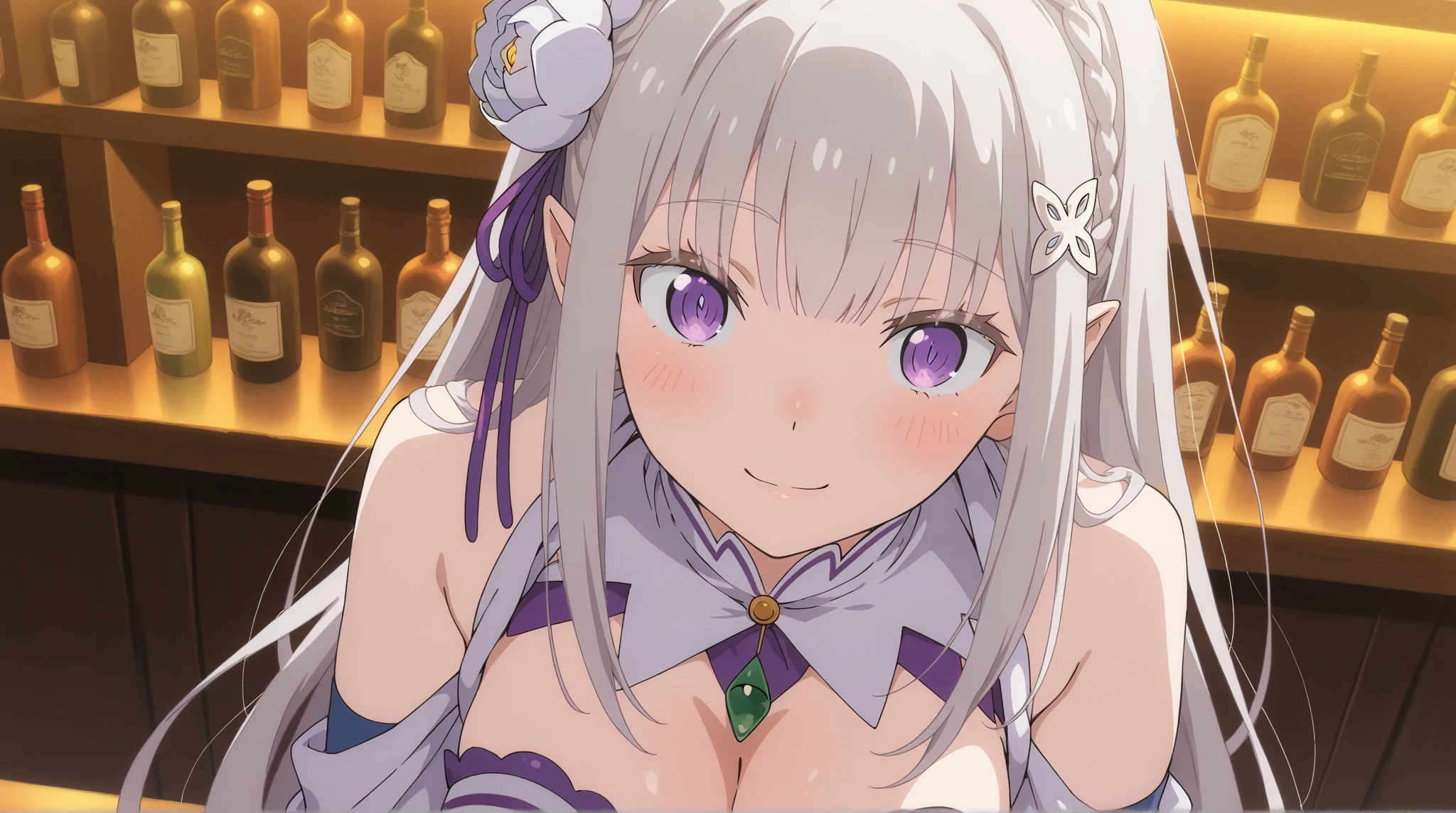 (tmasterpiece:1.2, Best quality), actual, (Real pictures, Complicated details, depth of fields), tmasterpiece, Best quality,Best quality,Very meticulous,tmasterpiece,ultra - detailed,1 Sister,(white backgrounid), Background with,Elaborate Eyes,Amelia_\(floor plan about:Lorber Hair, a purple eye,the hair_Decorative style,(off-the-shoulder shirts:1.3),Long gray hair,Pointy_big hall,diadems_woven,face expressionless,hair straight,(++sitted:1.2), closeup cleavage, , White skin of the, Crazy expansion, Large shoulder blades, Fitness model, Ruddy cheeks, A smile