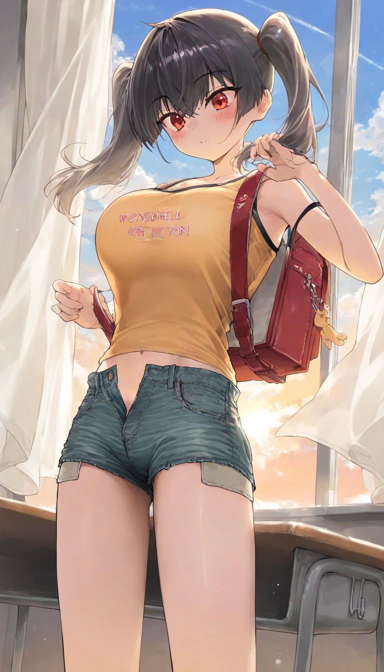 (8K、Highest quality、Highest quality、masterpiece)、Detailed face、One Girl、(Brown Skin:1.2)、Long Hair、Red Eyes、Serious、(Red Tank Top、Denim hot shorts、Open Shorts、Unziped shorts、Mini jeans Shorts、No Panties、NoPanties、Spread pussy、heart cutout)、labia view、Beach、cloud、vagina、Pussy Lip、Wedgie between Pussy Lips、Big Breasts
