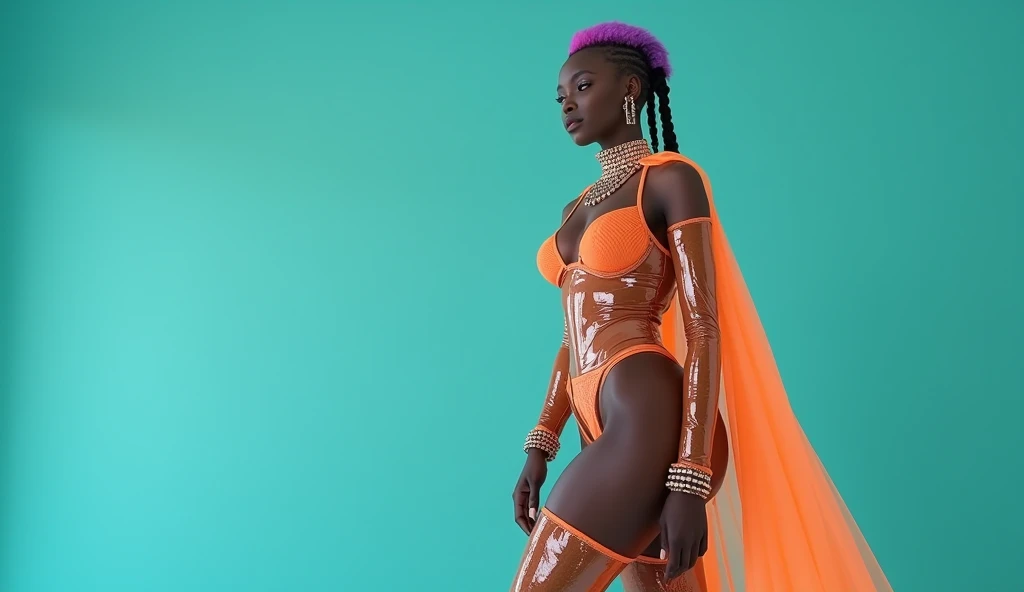 8K, high resolution, NSFW, (very very very very very very very very huge breasts), huge pelves, inner flesh, splatoon, strong eyes, arms behind head, armpit, (Marina:1.2), (dark skin:1.4), Black wear, Golden bikini, cleavage, wet skin, tentacle gleaming hair, (pubic pink tattoo), confident, expression, holding, statement, in the beach, looking at viewer