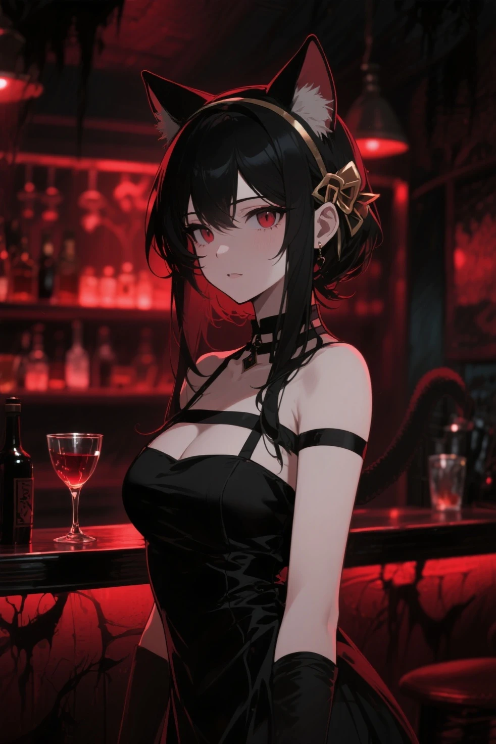 masterpiece, best quality, very aesthetic, absurdres, 1girl, ines\(arknights), arknights, upper body, long hair, black hair, eyebrows, horns, yellow eyes, large breasts, cleavage, black dress, plunging neckline, bare shoulder, expressionless, hotel hall, crowd