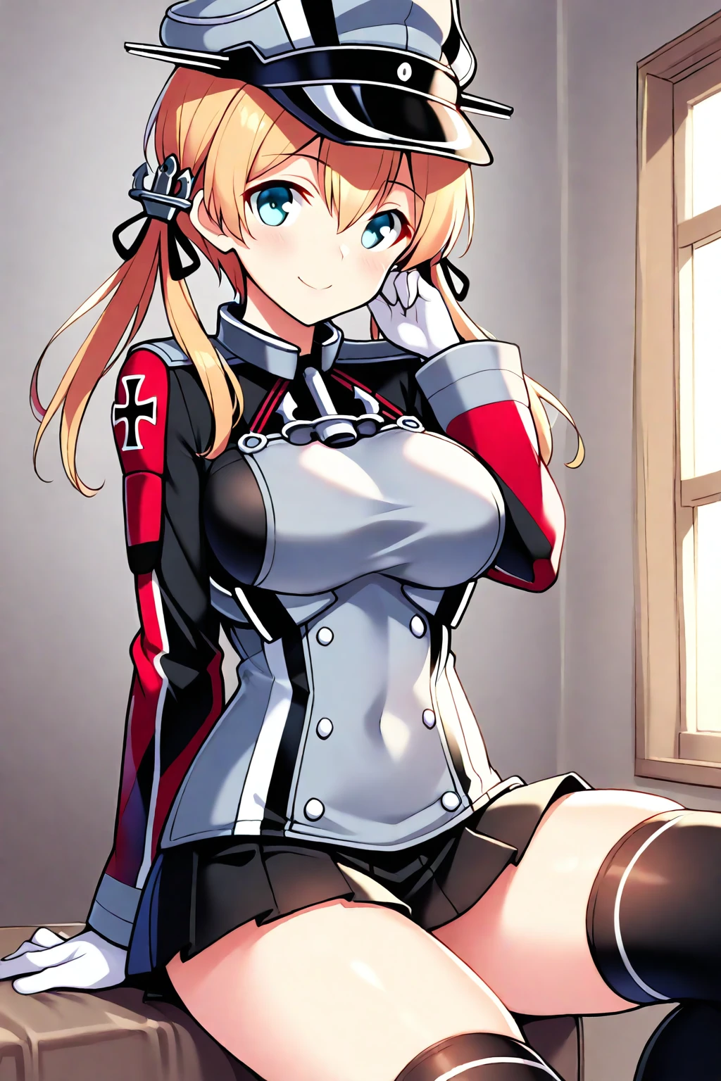 hight resolution, absurderes, High quality, 1girl in, Solo, Graf Zeppelin /(kancolle/), grey  eyes, ????????????, ((masutepiece, Best Quality,distinct image)), 1girl in, Solo, Lust, 8K, hard disk, (Portrait:1.2), Blonde hair, Twin-tailed, Long hair, side locks, hair between eye, ?????????????, Capelet, Blue eyes, peaked cap, neck tie, Miniskirt, Iron Cross, Black Gloves, Long sleeves, Military uniform, military hat, Black pantyhose, Pleated skirt, grey  eyes, Black skirt, Jacket, ((hands tied behind)), ((arms behind back)), prison, Exquisite details and textures, Dusty air, 1girl in, Detailed face, Solo, Looking at Viewer, Cowboy Shot, wariza, Sitting on the floor, Painful, (Close one eye), ((scowl)), Clenching teeth, Shy, blush, Sweat, Ultra Detail, Thighs together, Concrete floors, Concrete walls, in a basement, underground room, Indoors, Surreal, Insanely detailed, Detailed face, extremely detailed texture, (Shiny hair:1.05), (Shiny skin:0.97), (Big eyes:0.95),