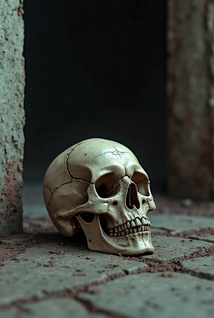 Skull placed on a stone surface, surrounded by subtle mist, moody and atmospheric lighting