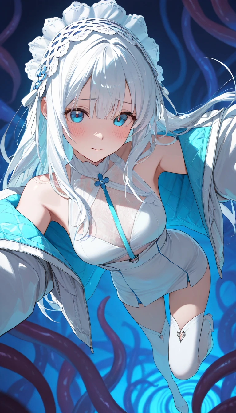 (Masterpiece), (Top Quality Anime Illustrations), (Super Definition), One Girl, Solo, Beautiful Girl with Silver Hair, Anime Loli, Cat Ear Loli, Petite Loli, Light Blue Miniskirt Cheongsam, See-through, bare shoulders, Smile, Cleavage Enhancement, cleavage cutout, Lower Half of Breasts bared, Lower Half of Chest cutout, Open Stance, sideboob, Thighs