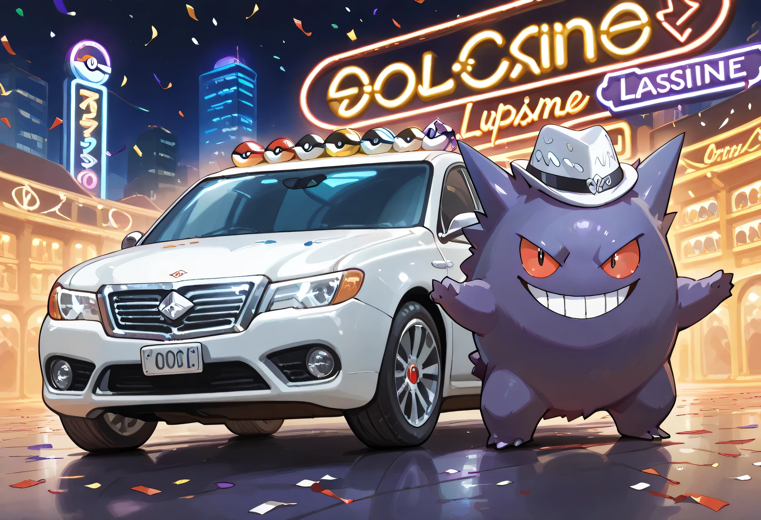 (sideview),close up (Gengar(pokemon) with white silk hat),main charactor:1.3, (cool pose by the white limousine car), Millionaire Road, Casino Street, confetti, neon lights, rainbow casino,no humans, pokemon \(creature\),evil smile,