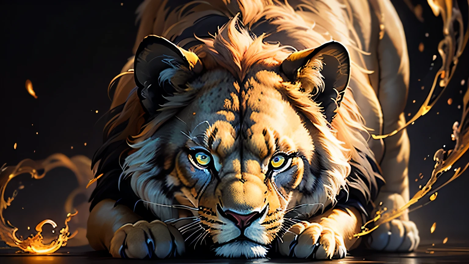 Colorful lion painting on a black background,, Breathtaking Rendering, In a shining connection, Inspired by Kinuko Y. Crafting,, Magical Elements, Kitten Icon, oh, Is beautiful, Cast a variety of spells, bright flash, flash