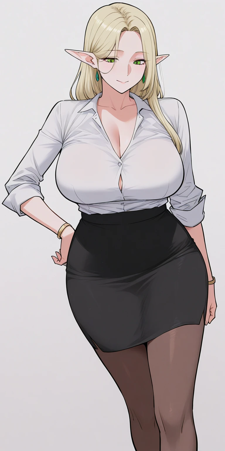 Blonde woman in a black and white checkered shirt, cleavcil skirt