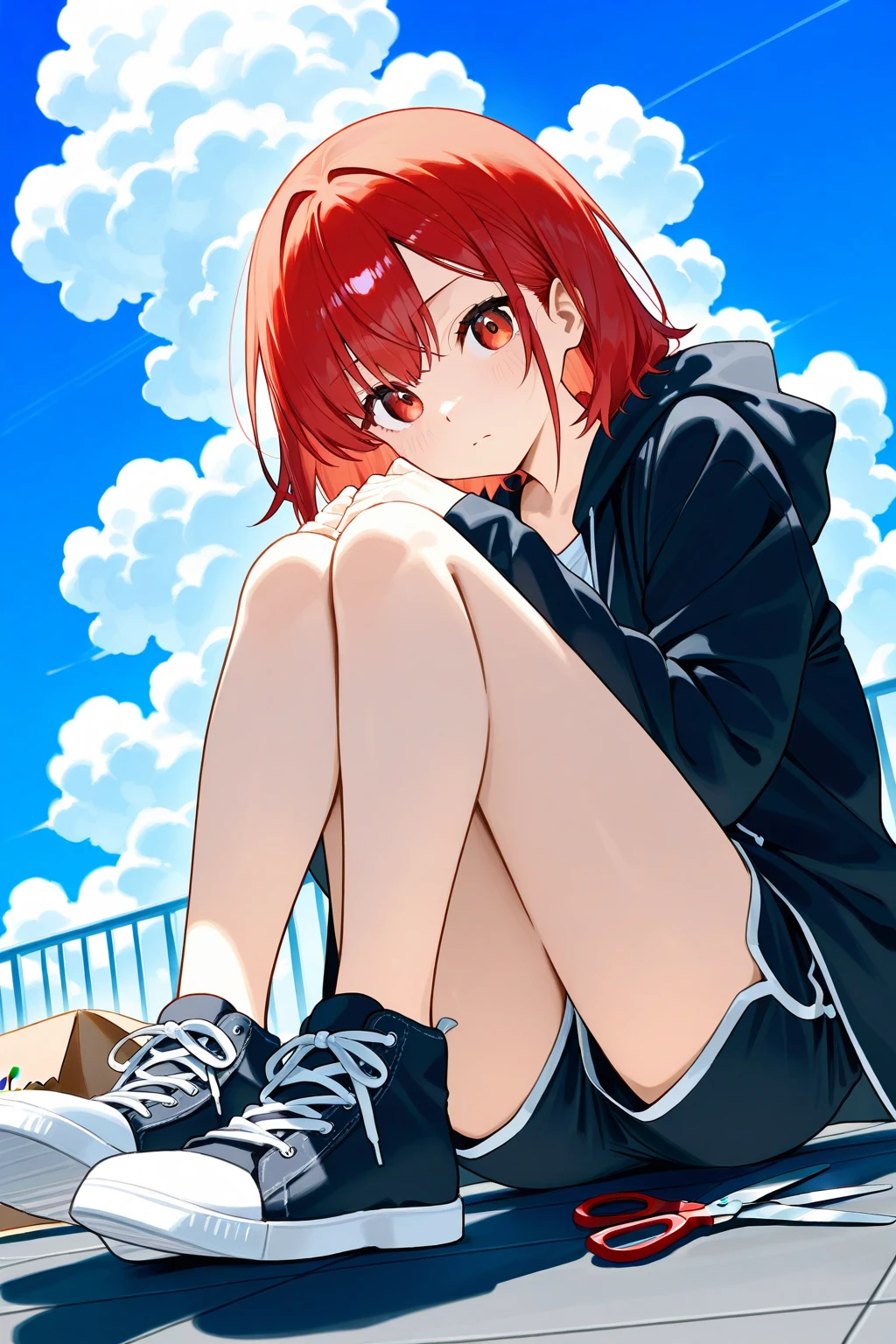 score_9, score_8_up, score_7_up, 1girl, sitting, looking at viewer, foot focus, foreshortening, soles, bare legs, straight-arm salute, sleepy, red hair, full bangs, pink eyes, medium breasts, dark purple pullover, backlighting, field, from below <lora:atdan_PonyXL_style_v01:1>