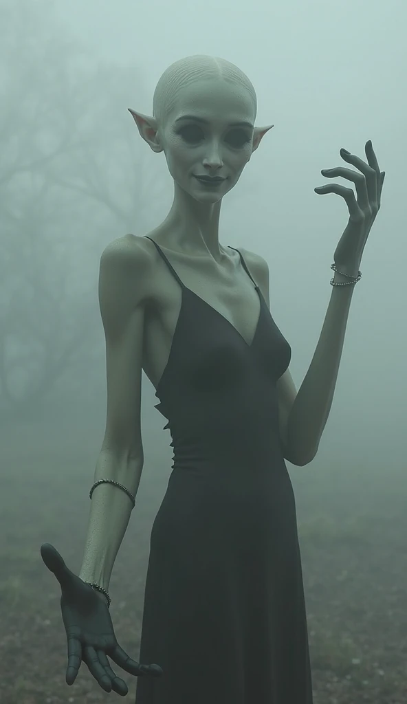 drawing line in comic book style art, full body monstrous woman monstrous with deformed and holey face thin almost skeletal body and head missing hair with holes missing hair blurred image