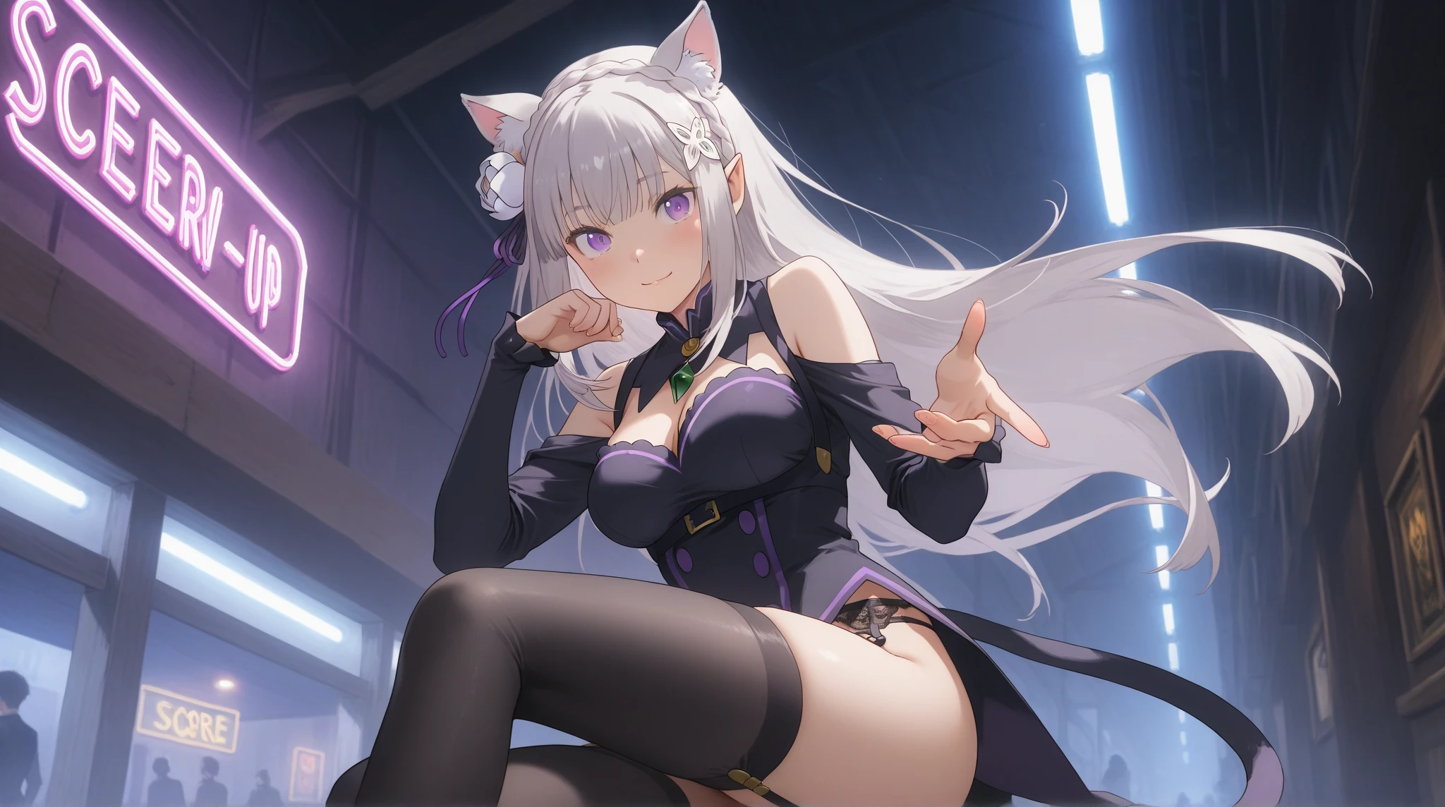 one-girl,long whitr hair,Pronounced cleavage,Side back,Delicate face,Perfect body proportion, big breasts thin waist,slender leg,Milky skin,With a smile,inside a library