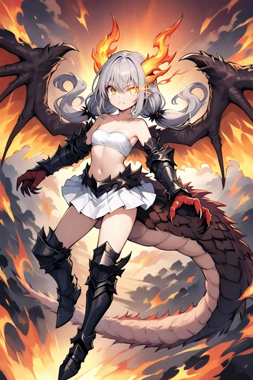 Anime style image of a dragon girl with a dragon tail, sharp teeth, sharp claws and dragon wings and she is wearing very tight armor and you are in a medieval village.