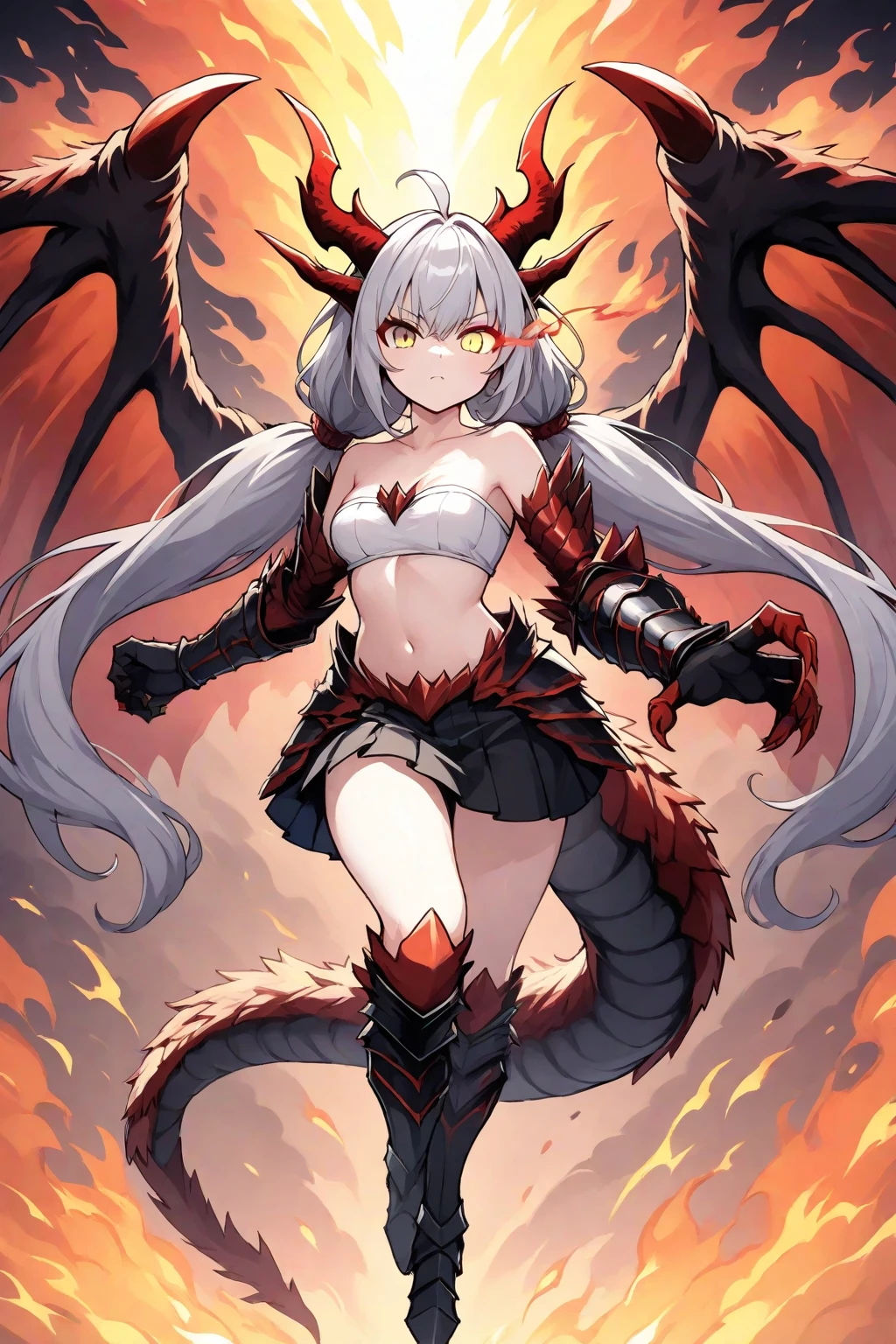 (Domineering Dragon Girl) white hair, (red eyes) :(sharp and determined eyes), (huge wings: 1.2 + black horns), standing on the top of a high mountain, splashing water on both sides, lightning in the sky, magma gushing, undercurrents surging around, condensing violent power. --auto --s2