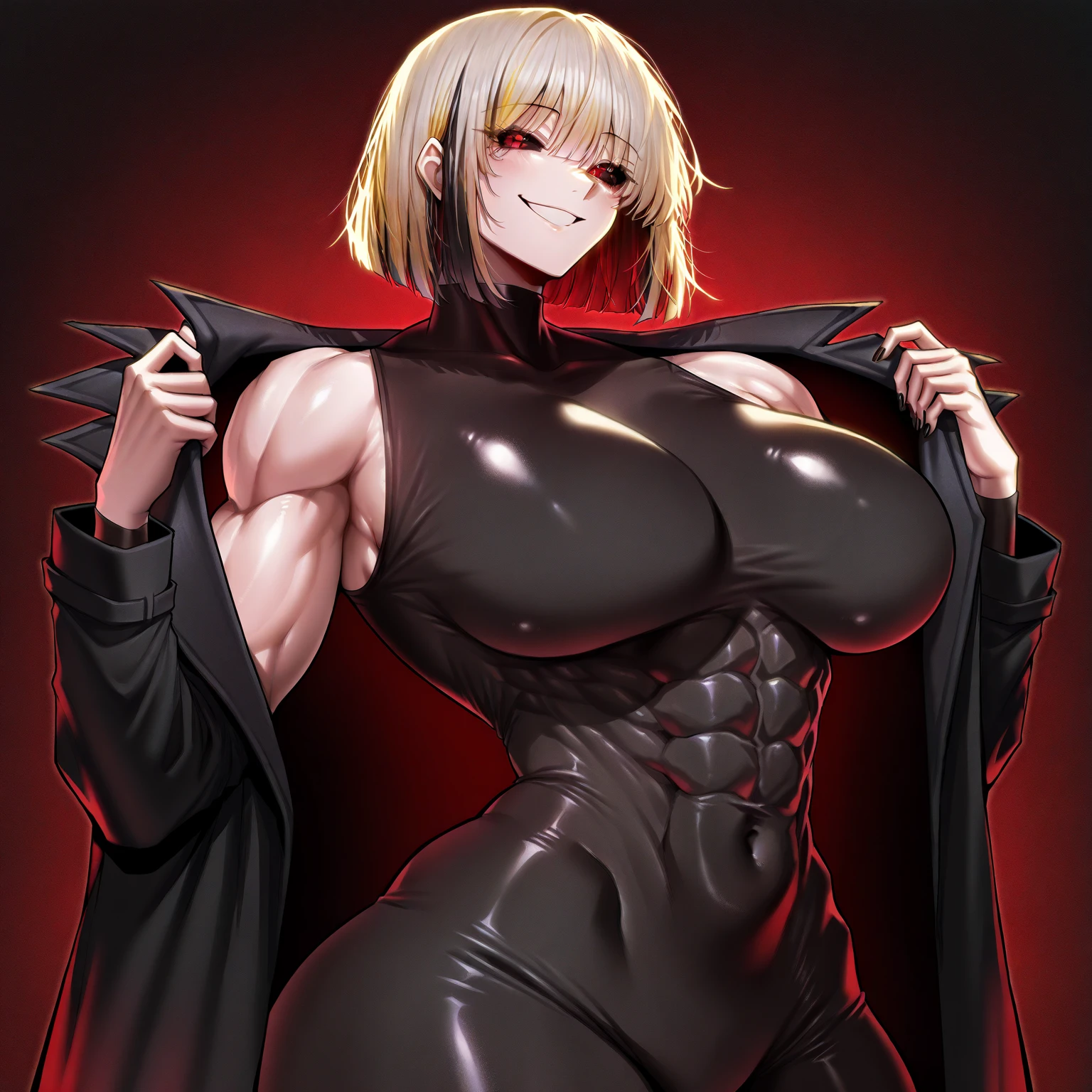 128K Ultra High Definition,
128K Ultra High Quality,
128K Ultra High Resolution,
Best Definition,
Best Quality,
Best Resolution,
Extremely Detailed,
Extremely Designed,
Perfectly Detailed,
Perfectly Designed,
Hyper Detailed,
Hyper Definition,
Hyper Quality,
Hyper Resolution,
Masterpiece,
Anime,
1 Girl,
Handsome,
Masculine,
Short Hair,
(High resolution, Pixels are perfect, luxurious illustration), (hyper quality, masutepiece, Ethereal: 1.4),(Solo:1.4), Black hair, ((Very short hair)), (Yellow eyes), ((angry)), pale skin, (((((((muscular))))))), ((thick thighs)), ((Huge breasts)), (((Woman))), ((((A MILF)))),  ((nffsw_Chi_armor)), (Black Leotard), (((wide hips))), ((greybackground)), (Shiny skin), ((Overexposure)),