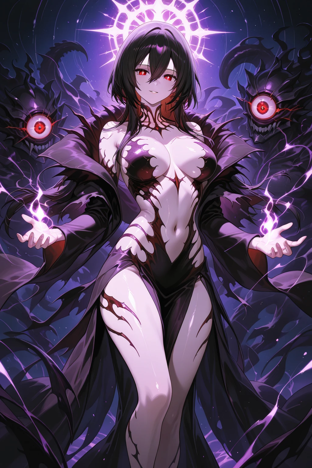 ((beautiful anime girl with a perfect figure, beautiful breasts and hips, she lies and smiles widely with empty eyes, there is a terrible scary very powerful black ghostly aura around her, anime horror style image)), ((detailed to the smallest detail ultra realistic 8k graphics, Best quality))