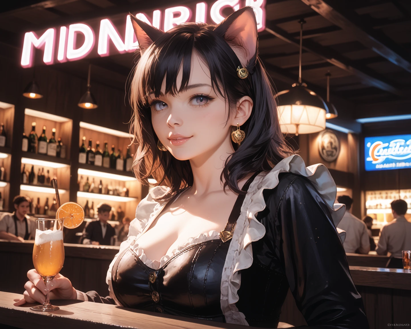 shiba inu girls,whiskey,bar,painting,realistic,detailed,soft focus,colorful lights,wooden interior,fancy glassware,sophisticated atmosphere,blurred background,bokeh,vivid colors,low light,smooth texture,luxurious ambiance, figures,playful expressions,precise brushstrokes