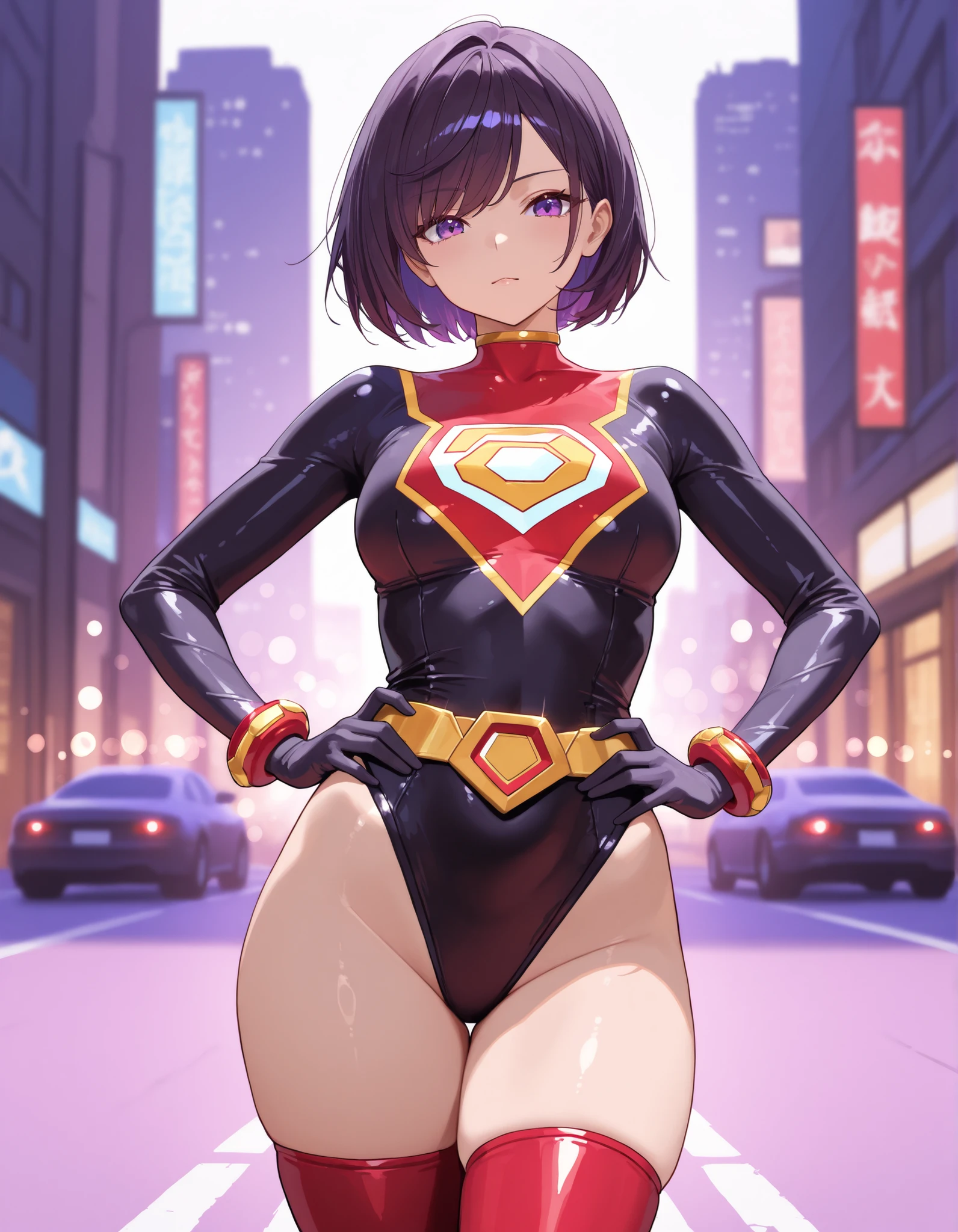1girl, superhero, heroic, leotard, bare legs, knee boots, gloves, city backdrop, standing, hands on hip, full body