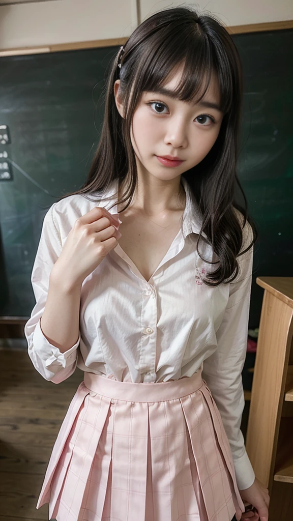 (open shirt, show off detailed bra:1.3), (Professional portrait, Realistic and perfectly shaped objects:1.3), (masterpiece, highest quality:1.2), (Realistic, Ultra-realistic, Realistic:1.3), (ultra High resolution), High resolution, Intricate details, Super detailed, (Highly detailed CG, unity 8k wallpaper:1.3), Clear image,
break
(1 Japanese girl, 16 years old), (cute, cute),(perfect body:1.2), Beautiful and delicate face down to the last detail, Beautiful and delicate eye and eye highlights, (Very thin and delicate、not too long lashes), (Captivating eyes, Beautiful large eyes and detailed face), light makeup, Pink Lip, Lip gloss, Stylish face, (Shiny skin, Realistic skin detail), Brown Hair, medium chest, open shirt
break
((Japanese high school uniform)), (High school girl), ((Checkered Pleated Skirt)), 
classroom, Sitting on the floor, 
(((blush:1.4))), ((Embarrassing:1.4)), (((shy:1.5)))、Staring at the camera、(I put my hands on my chest:1.3), (multiple angles:1.3)