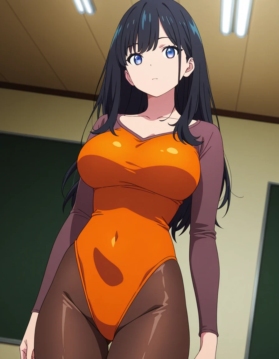 1990s anime cels style, 1990s manga style, best quality, high resolution, locker room, 1girl, blue competition swimsuit, (gigantic breasts:1.4), Beautiful face, happy, smile, closed mouth, mamako_oosuki, mature female, long hair, brown hair, purple eyes, bright pupils, ribbon, from front, looking at viewer,curvy body,