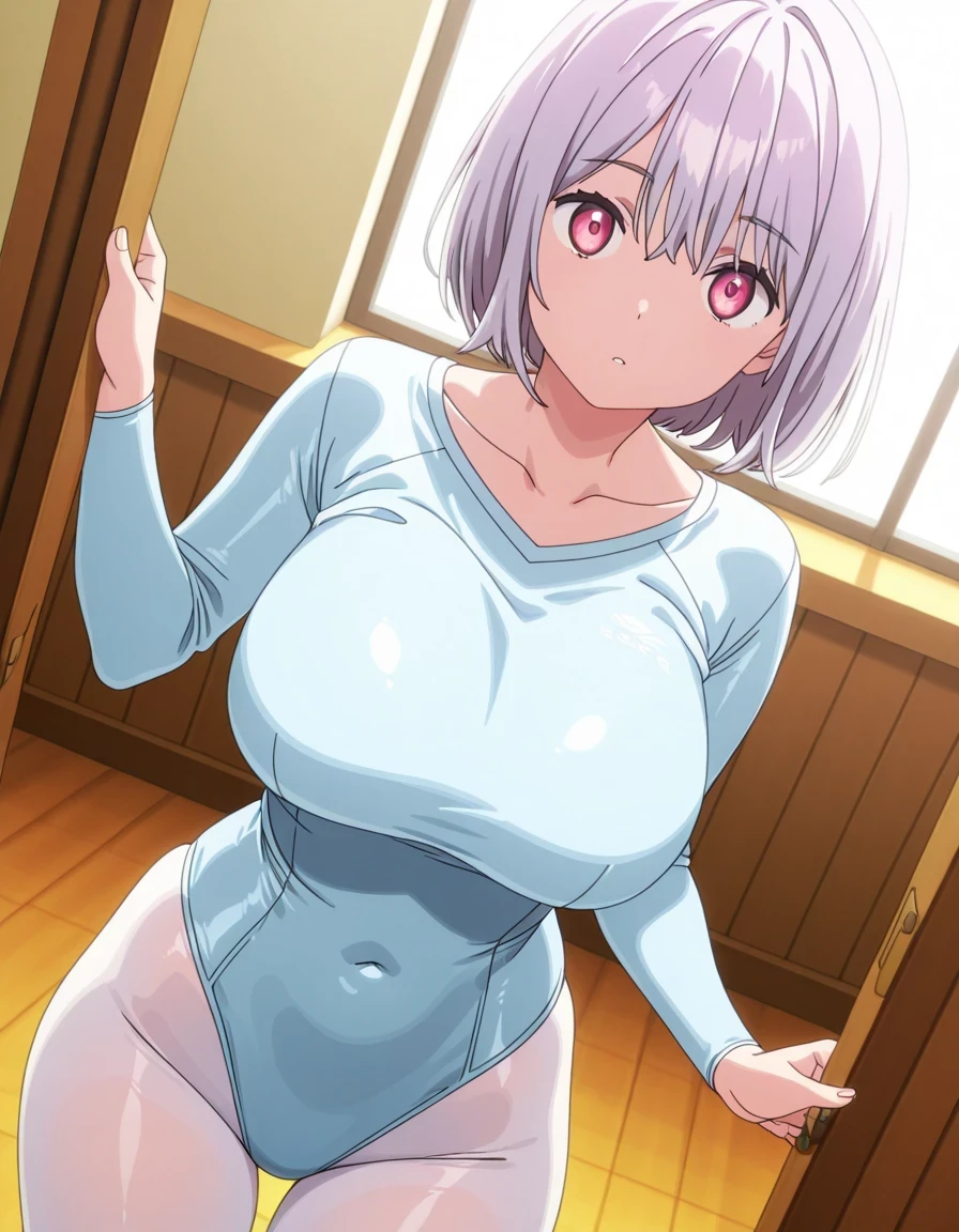 (((masterpiece))),fuyumi itadori, Anime girl characters, 1girl, solo, looking at viewer, medium hair,white hair,aqua eyes, long sleeves, cleavage, bigger breasts, closed mouth, collarbone, jacket, open clothes, open jacket, blue jacket, ground vehicle, sports bra, tall girl, horny, big ass, beautiful face,Charming, Tight-fitting clothing, hd picture, 4k quality, details of the face is so good, anime uhd style,