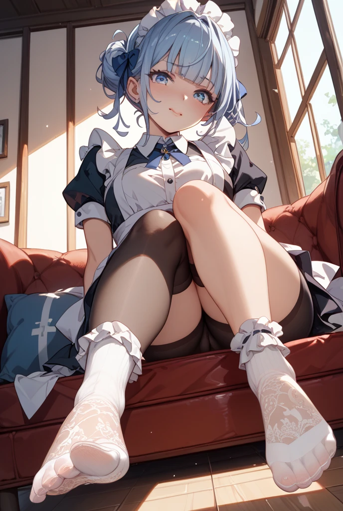 A beautiful anime girl with a perfect body with short white hair at the wavy ends and blue eyes in maid clothes sitting on a bed raising her legs without stockings and pussy panties out, her face shows shyness and a beautiful red blush on Your cheeks, your pupils are heart-shaped