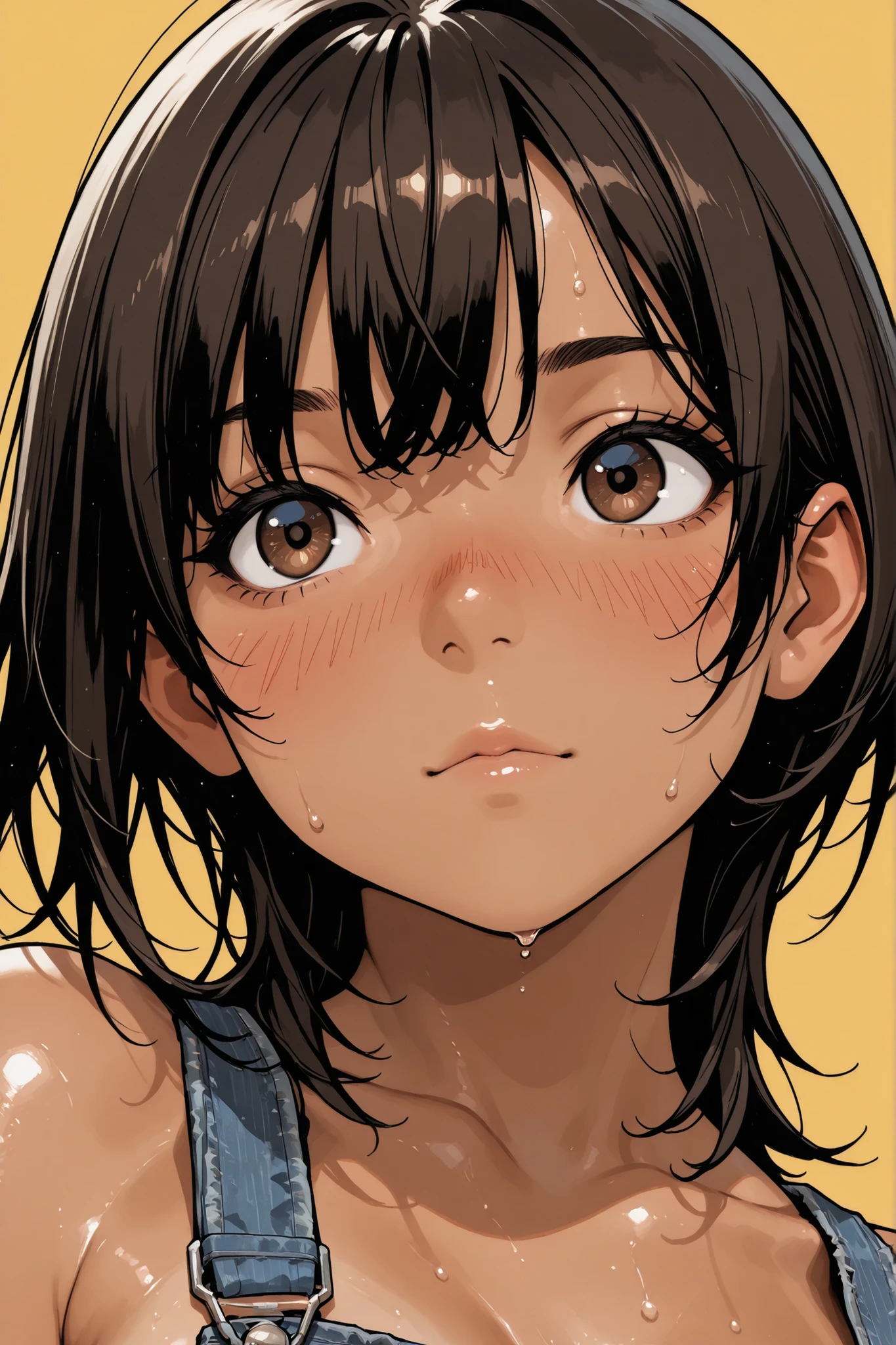 1girl,Super Detailed,absolute resolution,(dynamic angles),portrait,pinup,((close-up)),(Chest-up shot),(tanned skin:0.5),(tanlines:0.4),naked denim overall shorts,Bare Foot,detailed and beautiful face and eyes,dark brown big eyes,(Bulbous Nose:0.3),Japanese girl,healthy body,(muscular calves:0.7),black shiny hair,Short Height,(small breasts:0.8) ,medium hair,wolf-cut,(wet hair:0.5),(Flowing Sweat:0.6),(blush:0.6),(nose blush:0.8),(yellow Background),