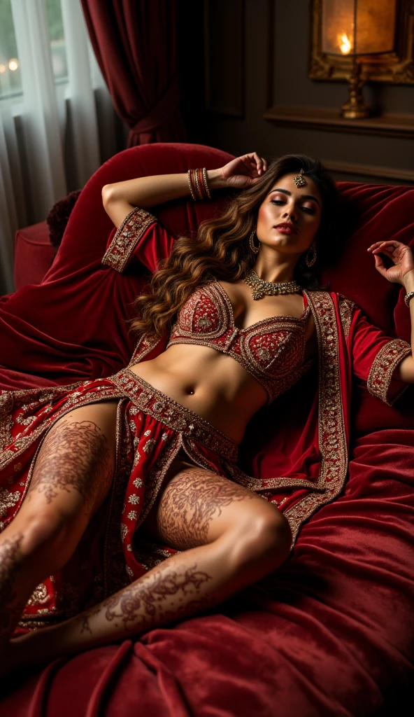 An Arabian woman stands proudly in a traditional ornate dress, adorned with a cropped and alluring top paired with a long, captivating skirt. This full body portrait showcases her exquisite and elegant figure. Her body boasts graceful and feminine curves that exude sensuality and allure. The intricate details of her eyes, with their long and expressive eyelashes, add depth and beauty to her gaze. Her lips are equally detailed, adorned with a glossy finish that enhances her captivating appearance. The vibrant and rich colors of her attire create a visually stunning contrast against the professional and vibrant lighting, further accentuating her presence. Her skin is exquisitely elegant, radiating a smooth and glamorous allure, while her hair shines with a beautiful sheen, flowing gracefully around her. The combination of her expressive facial features, including her large and captivating eyes and beautifully shaped eyebrows, enhances her feminine charm. With elaborate makeup and a charming smile, she exudes a delicate and captivating presence. This cinematic shot beautifully captures her feminine elegance and mesmerizing allure. This high-definition, high-quality picture showcases every detail with clarity and precision, making it a truly magnificent and stunning artwork.