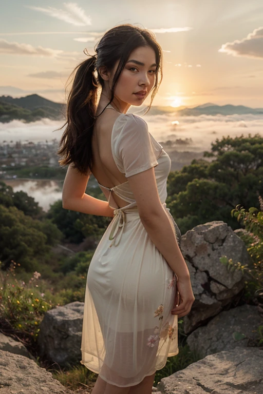 (((best quality))),(((ultra detailed))),(((masterpiece))),illustration,((1 beautiful girl,solo)),((slim,thin)),(shoulder length straight bob hair:1.2),flowing hair,fair skin,(shiny skin:1.3),detailed eyes,laughing,(shirt-dress:1.3),delicate necklace,grass,dewdropletts,trees,bird chirping,serenity,gratitude,awe,wonders of nature,peace,contentment,magnificent world,summer,(pitch-dark dawn:1.5),(night scene:1.3),((upper body,from back)),after rain,(wet:1.3),standing,on the path,At the mountaintop,confident gaze,elegant posture,mysterious atmosphere,solemn mood,dawn approaching,detailed decorations,(sunrise:1.3),(cloudy sky:1.2),rainbow,(Rural Landscape:1.2),horizon,bare back,towering hips,butt crack