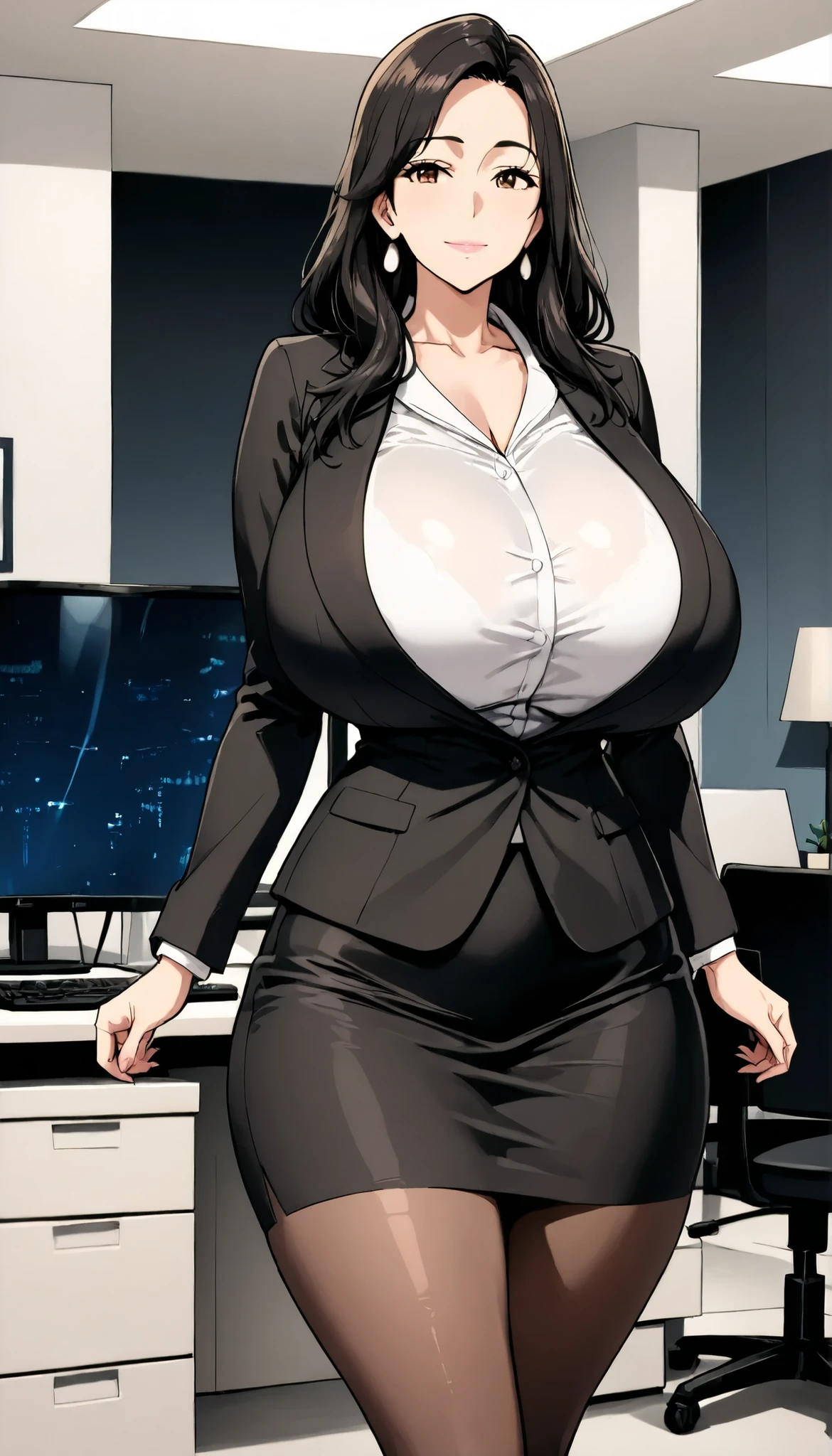 Ultra High Definition, very detailed pictures of zombies wandering, 8k, absurd:1.2), Japanese women, solo, Mature Woman, long black hair , sober bang, beautiful character design in the office room, Perfect Contrast, perfect resettlement , anatomically accurate, perfect face, beautiful and detailed eye depiction in an office room, expressive eyes, brown eyes, brightly colored formal attire in the office room, facing the Lumine, pantyhose, high heels, huge breasts, pretty shaped boobs, standing, model pose, cowboy shot, In the office room