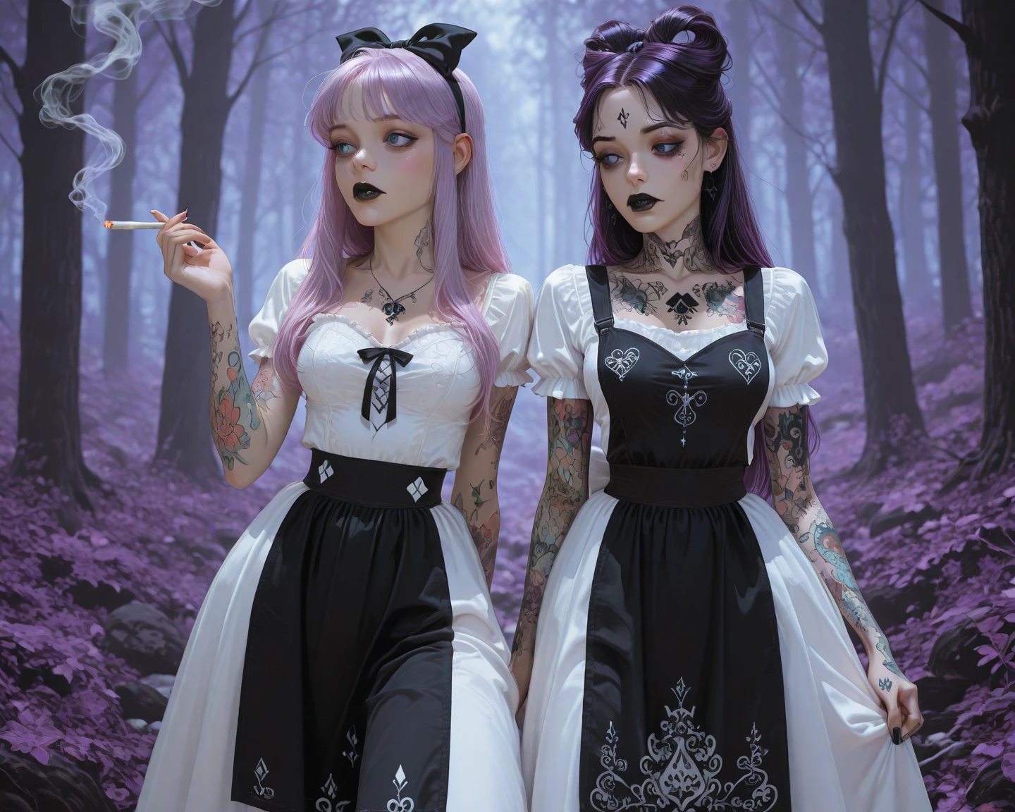 lineye,1girl,solo,short twintails,hair between eyes,pink hair,medium hair,demon horns,dark red hair ribbon,pointy ears,purple eyes,
frilled shirt collar,dark red choker,white frilled shirt,juliet sleeves,long sleeves,dark red neck ribbon,dark red dress,white frilled dress,white layered dress,brown corset,striped pantyhose,
mary janes,outdoors,battle axe,holding axe, Exquisite visuals, high-definition,masterpiece,best quality,Exquisite visuals,high-definition,masterpiece,best quality,18yo,Young female,Beautiful Fingers,Beautiful long legs,Beautiful body,Beautiful character design,