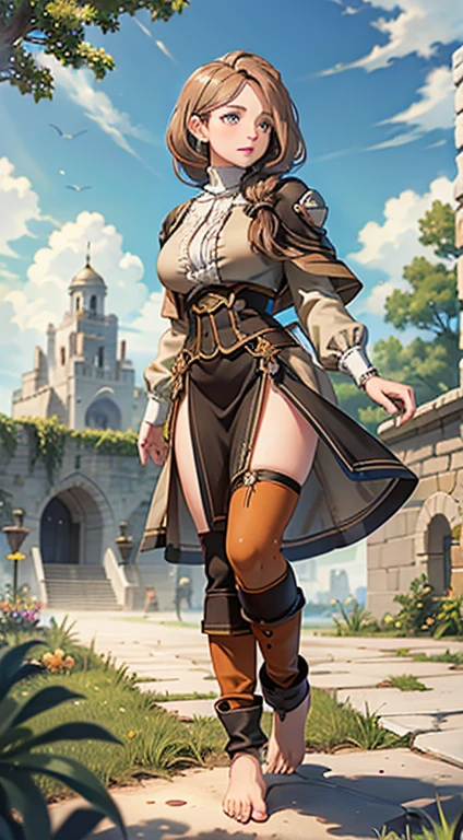 beautiful, masterpiece, best quality, extremely detailed face, perfect lighting, highres, absurdres, detailed background, best illumination, 1girl, solo, adult woman, beatrix, (eyepatch), white sleeveless coat, cleavage, gauntlets, belt, fingerless gloves, brown pantyhose, boots, flower garden with lots of roses, dutch angle, sunrise, <lora:beatrix-nvwls-v1-final:0.9>
