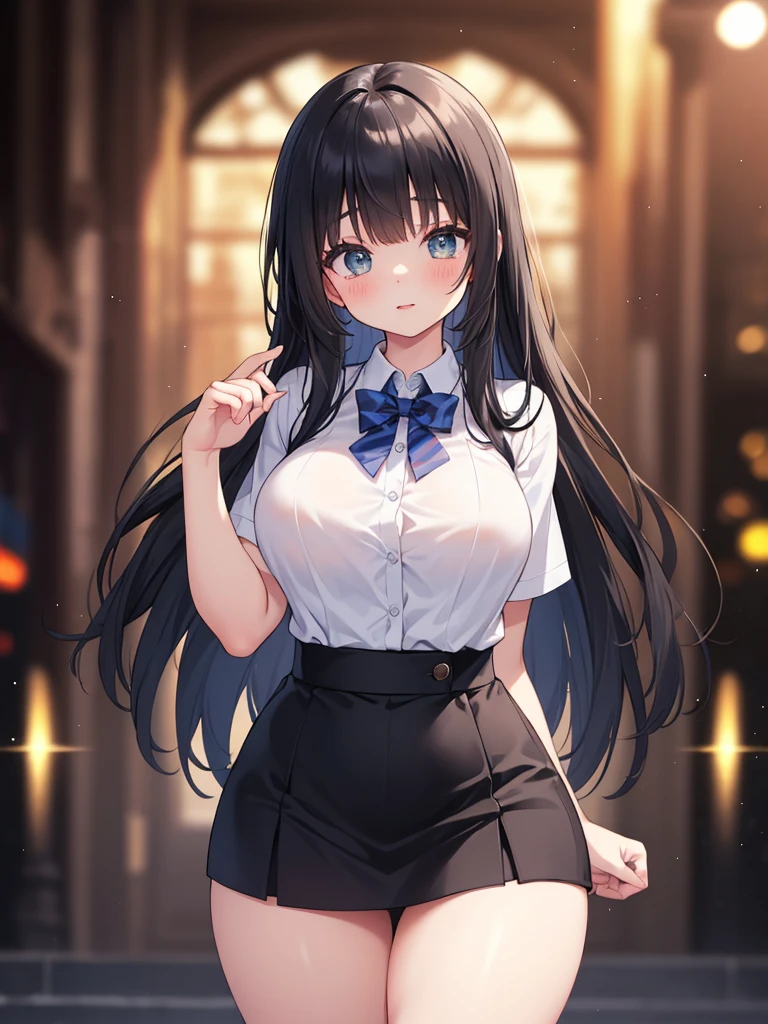 Anime Waifu beautiful detailed eyes, beautiful detailed lips, extremely detailed eyes and face, longeyelashes, 1girl, sensual, young woman, medium breasts, beautiful feminine face, nice thighs, slim, sexy, erotic, beautiful clothes, perfect body, cinematic lighting and framing, (best quality,4k,8k,highres,masterpiece:1.2),ultra-detailed,digital painting,portrait,glamorous,highly detailed,soft lighting,warm color tones One Girl、Big Breasts、Black Hair、Long Hair、Straight Hair、Ahoge、high school student、smile、Dark blue eyes、Blazer