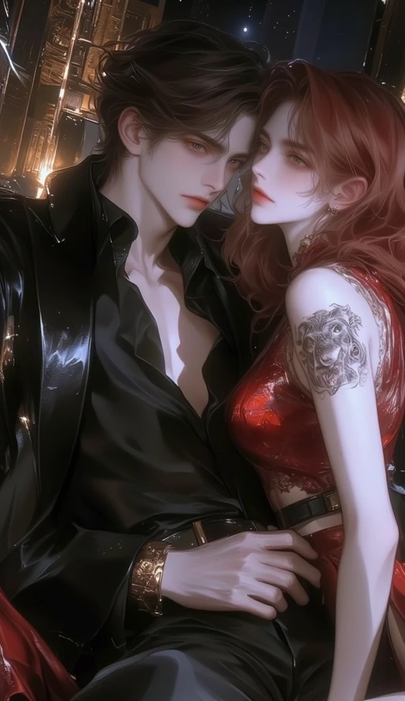 (Best Quality, 8K, Masterpiece, HDR, Soft Lighting, Picture Perfect, Realistic, Vivid), (woman, red hair, brown eyes, cat ears, close to man)( man, male, black hair, blue eyes, Man with cat ears, get ear) woman and man, cat ears, couple, (((full size figure))) Eyes looking at camera (with long red hair, long bangs, Forehead, smile, seductive, anime character portrait inspired) color difference, depth of field, dramatic shadow, ray tracing, best quality, highly detailed CG, 8K wallpaper, [Carefully rendered hair [Read more about beautiful and shiny hair]] ,(Perfect hand detail [ Beautiful fingers without breakage [Beautiful nails]],(Perfect anatomy (Perfect proportions)) [[Resembles the whole body]],[Perfect color coordination (Accurate imitation of the interaction of light and material)], [Fine art, conveying the meaning of the story]