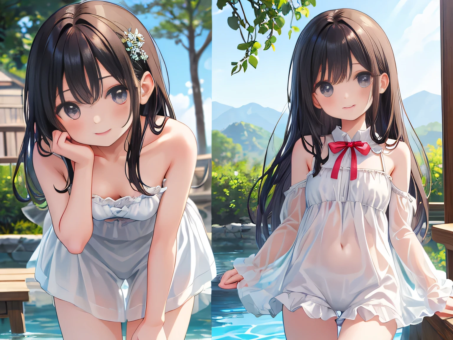 (​masterpiece:2.0), (top-quality:2.0), (standing naked in the garden:1.5), (extremely short length camisole:1.5), (super sexypose:1.5), (blushed face:1.5), (hide crotch with hand:1.5), (hide chest with hand:1.5), (Spilling boobs:1.5), (realistic:1.5), under the boobs, side boob is visible, naked, 1 little girl, precise small hands, Embarrassed look, light smile, Look at me and smile, extremely cute girl, innocent face, young face, Clear eyes, Shining eyes, small breast, shoulder is visible, Tummy is visible, cleavage of the breast is visible, stomach is visible, the lower abdomen is visible, The buttocks is visible, The crotch is visible, No pubic hair, dynamic posing, The beautiful skin, ultra-definition, Top resolution, japan high school student, brown hair