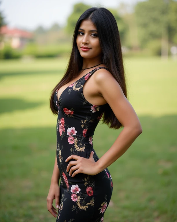 A beautiful 12 year-old wearing a Stylish tight coloured short gown, smiling with her beautiful legs exposed, she is Sri Lankan, she has long black hair,more sitting poses