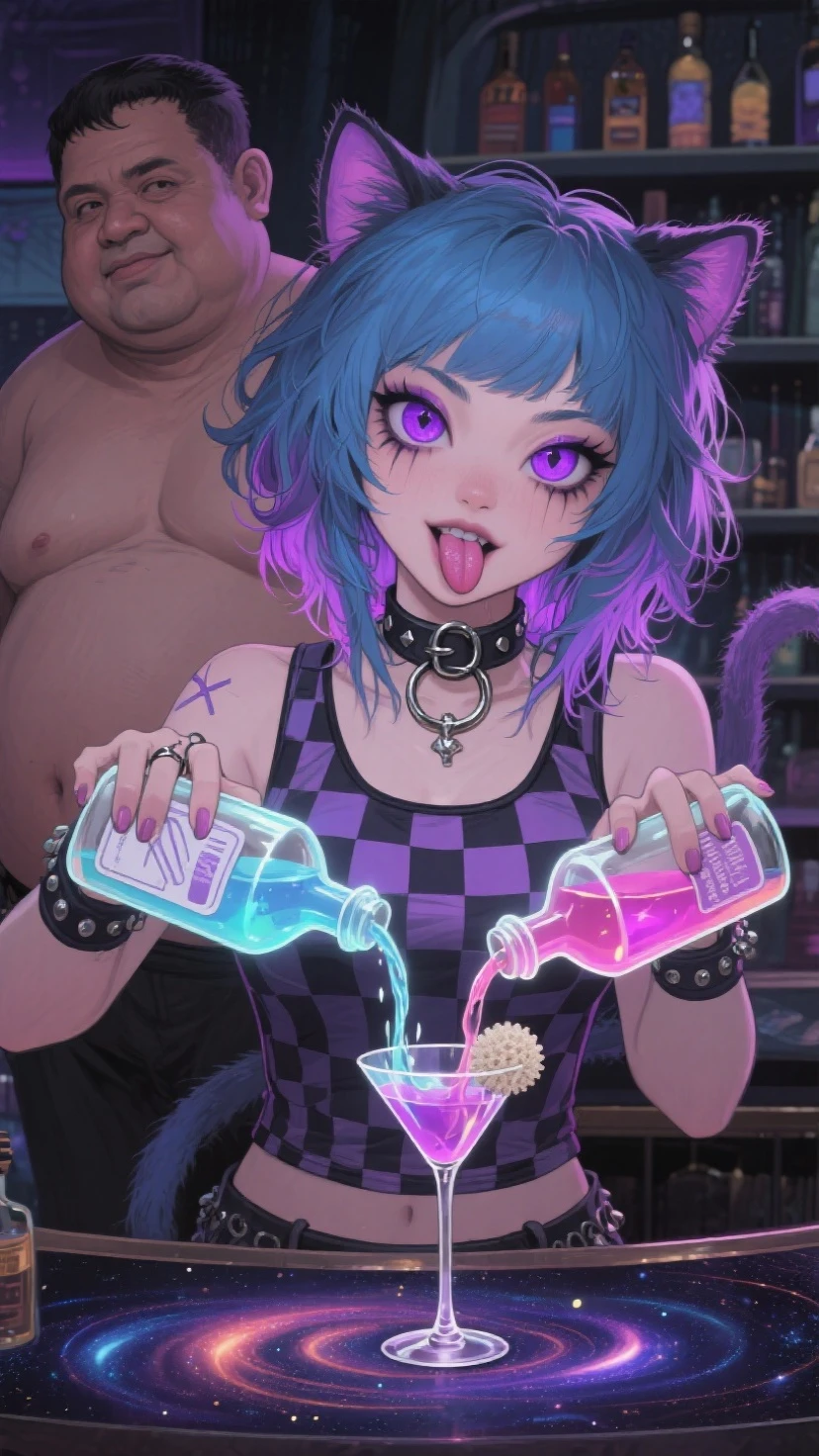 karya agung, kualitas terbaik, ultra-detailed, ilustrasi, emo , estetika punk, berbulu, anthro , 1gadis, Solo, gadis kucing,  bartender , messy layered blue and purple hair, telinga kucing, make up tebal,  fokus intens , tongue slightly sticking out, big purple eye with cross-shaped pupils, choker with metal ring, kaos pola grid, pouring two different glowing liquids from a bottle of potion into a cocktail scrubber, creates the effect of a swirling galaxy accompanied by a middle-aged obese fat Malay male already Naked round Very Short Hair