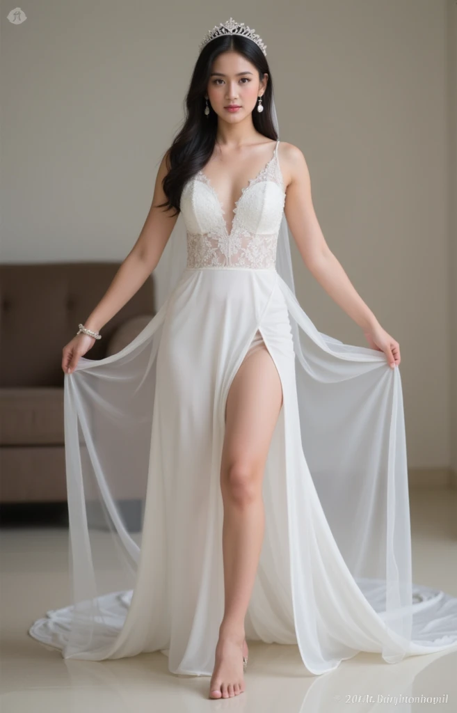 create a 28 year old Brazilian woman, standing model, Brown skin, long black hair, barefoot, white backdrop, wearing a black nightgown, full body, smiling,