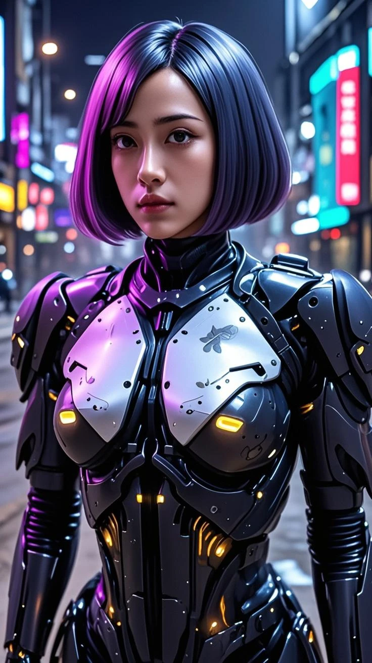 Feminine cyborg, magazine cover, poster art , hint of vibrant, bold sexy text