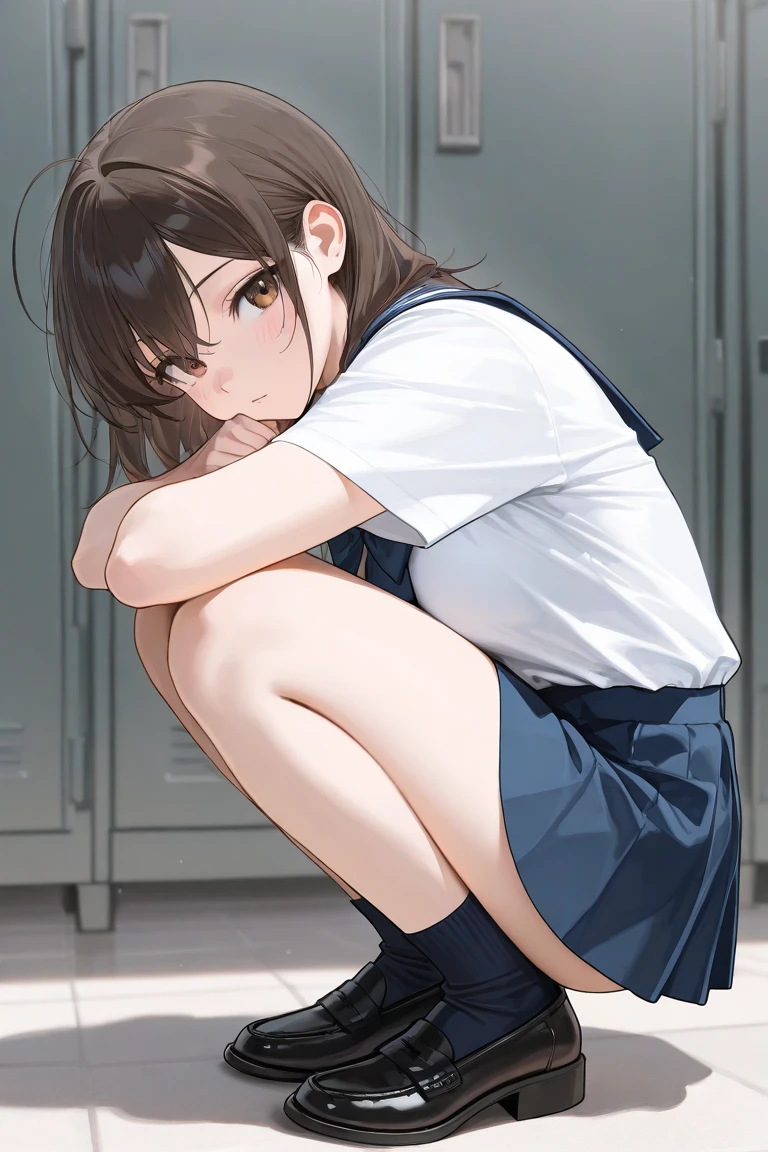 above view of girl sitting on school gym floor, wearing small tight shorts and see through wet shirt, sweating, embarrassed, blushing, looking up at camera, nipples apparent, knees up