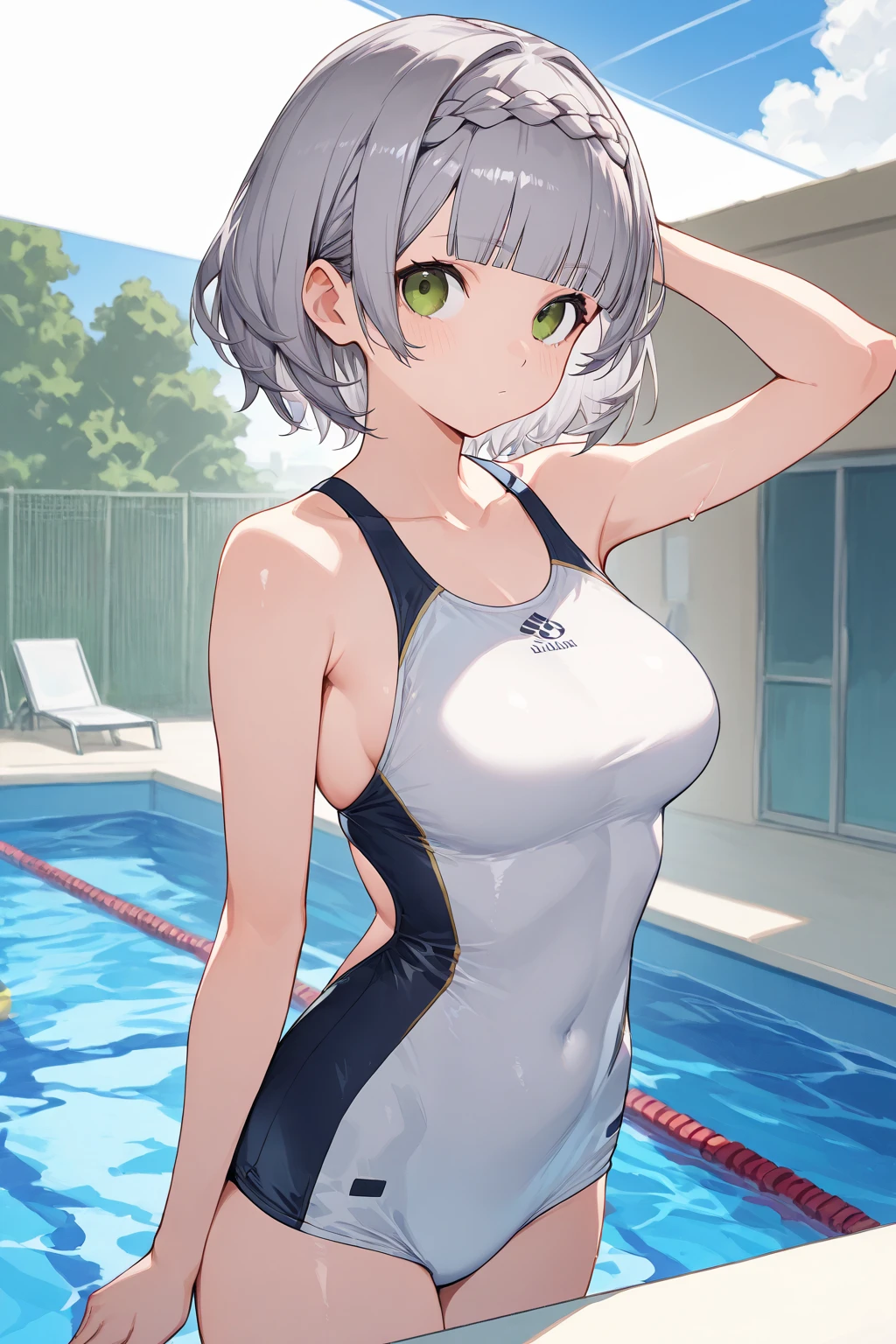 ((Embarrassing)), ((Put your hands on your chest)), ((Slouched)), 1 Whole body of a girl, elvish, ((silber hair)), Red Eyes, bob cuts, Braided hair, ((School swim wear)), One Piece Swimsuit, Outdoor pool, speculum, gender change, concept-art, beautiful anime scene, Beautiful anime scenery, top-quality, ​masterpiece