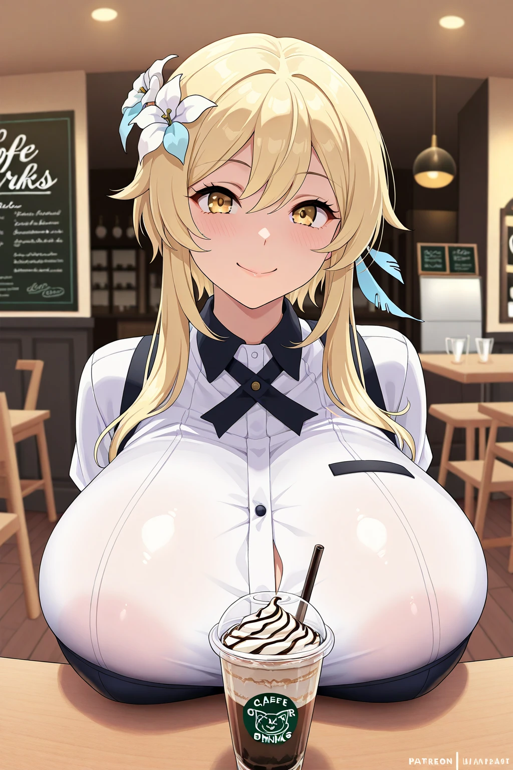 woman,Huge boobs, とても唇が赤いLong legs,Green Eyes,
Huge ,Huge breasts, Huge breasts,とても唇が赤いHuge breastsを強調,Big Ass,Narrow waist,Long legs,
A squishy smile, the face we want, a mischievous face, an anime-style face, the facial expression is good, sweat splashes, purple underwear,Purple bra,Purple panties Sitting on a chair holding a coffee cup with coffee in it