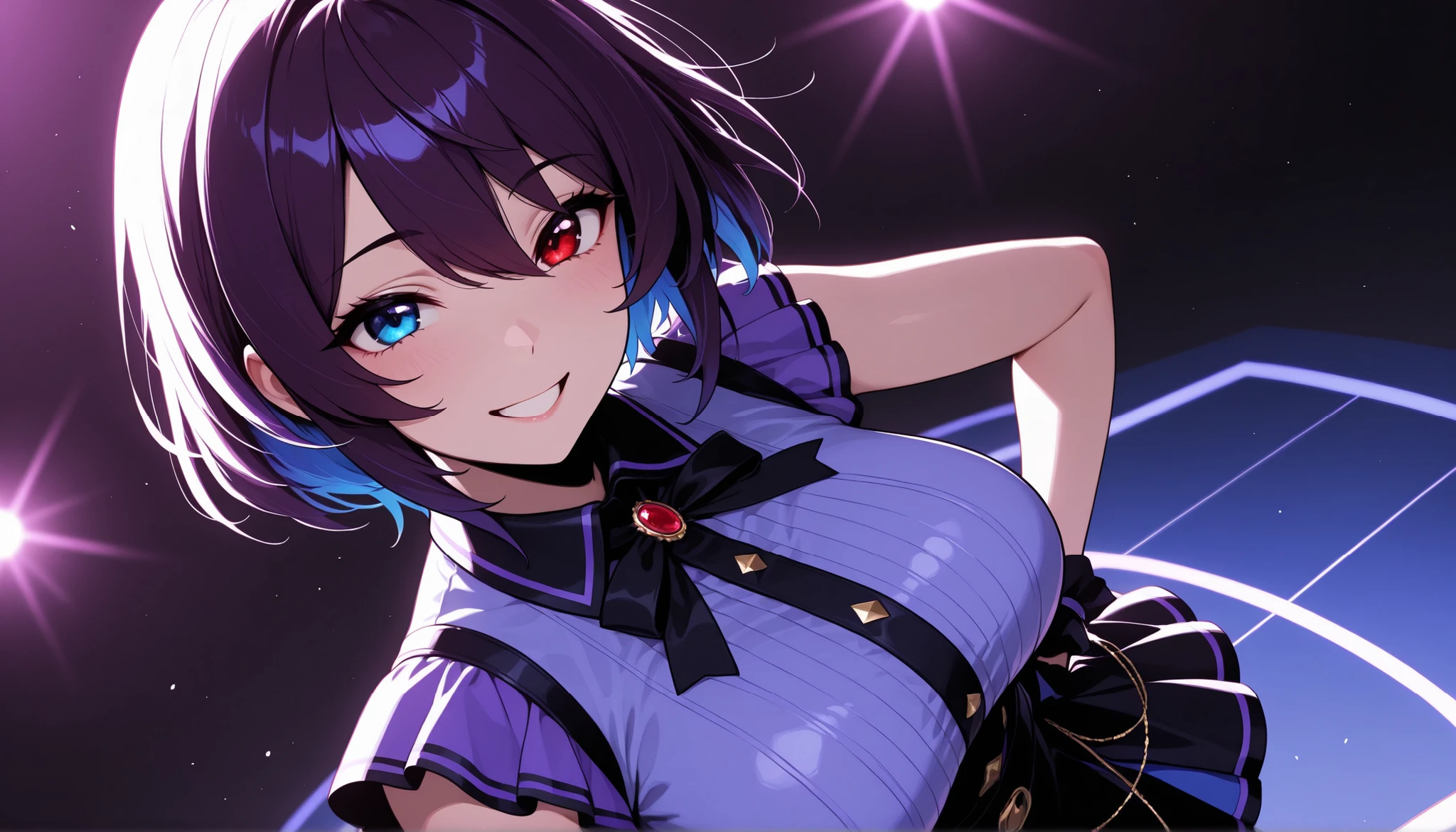 top quality, 8K, 4K, high resolution, high contrast with a silver gun,1girl, Japanese idol standing on an outdoor stage, is wearing ornaments, short skirt, close-up, Smiling adult woman , dark purple short hair, iris anisochromia(Red Eyes,blue eyes), eyes with highlights,(beautiful detailed face), Moderate bust, Precise and Beautiful Scenery